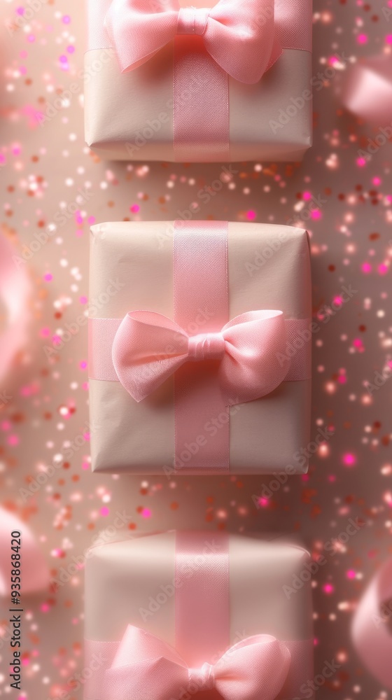 Pink Christmas gift boxes with satin ribbons on a soft pink bokeh background. Ideal for elegant holiday gift designs. Pink Christmas gift boxes with satin ribbons on a soft pink bokeh background. Ideal for elegant holiday gift designs.