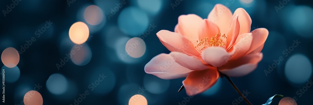Fototapeta premium Delicate Pink Flower Blossom Against a Blue Bokeh Background - A single pink flower blooms against a soft blue bokeh background, symbolizing beauty, growth, fragility, nature, and hope.
