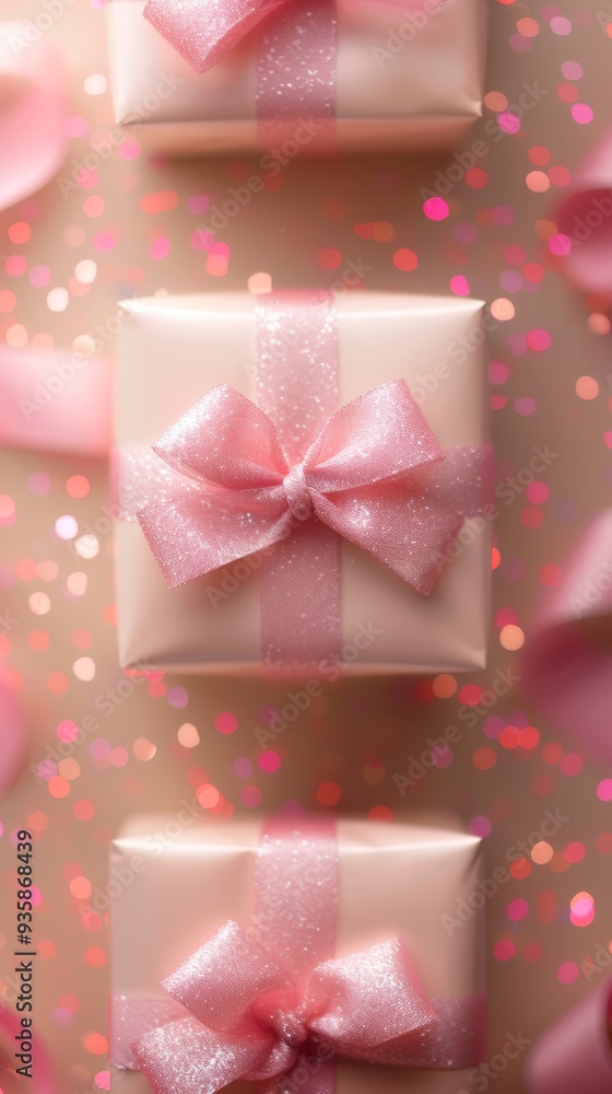 Pink Christmas gift boxes with satin ribbons on a soft pink bokeh background. Ideal for elegant holiday gift designs. Pink Christmas gift boxes with satin ribbons on a soft pink bokeh background. Ideal for elegant holiday gift designs.