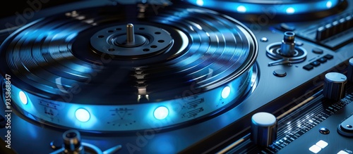 Reel to reel audio tape recorder featuring a blue LED light strip. Copy space image. Place for adding text and design photo