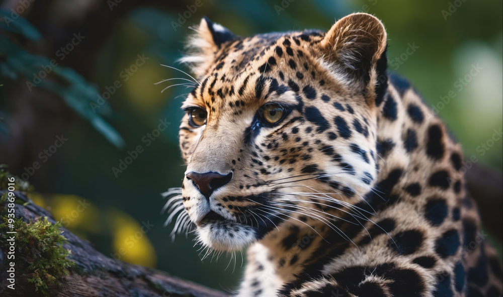 A leopard rests on a branch, its spotted fur blending in with the green foliage A leopard rests on a branch, its spotted fur blending in with the green foliage