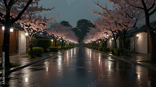 A gentle rain falling on a quiet street lined with cherry blossom trees in bloom. Backgground photo