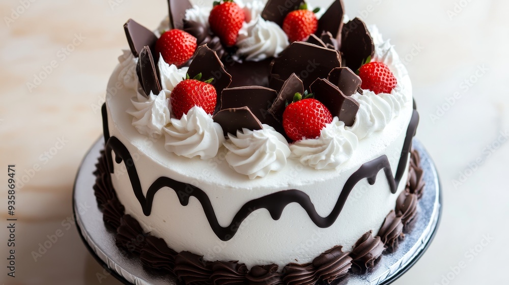 Delicious Chocolate and Strawberry Cake on White Plate - A beautiful white cake with chocolate frosting and fresh strawberries on top. This cake is perfect for any celebration. It symbolizes sweetness Delicious Chocolate and Strawberry Cake on White Plate - A beautiful white cake with chocolate frosting and fresh strawberries on top. This cake is perfect for any celebration. It symbolizes sweetness