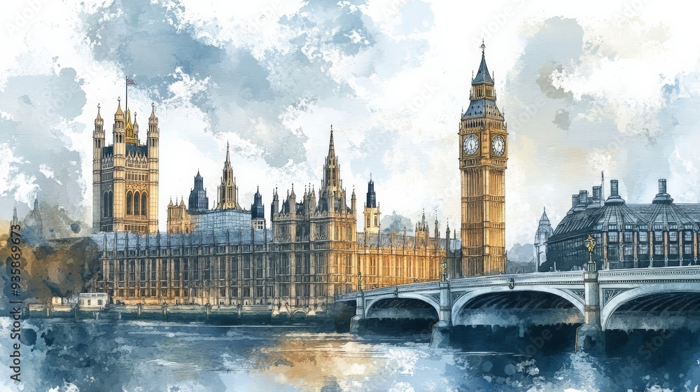 Naklejka premium Watercolor painting of Big Ben and the Houses of Parliament in London with the River Thames in the foreground.