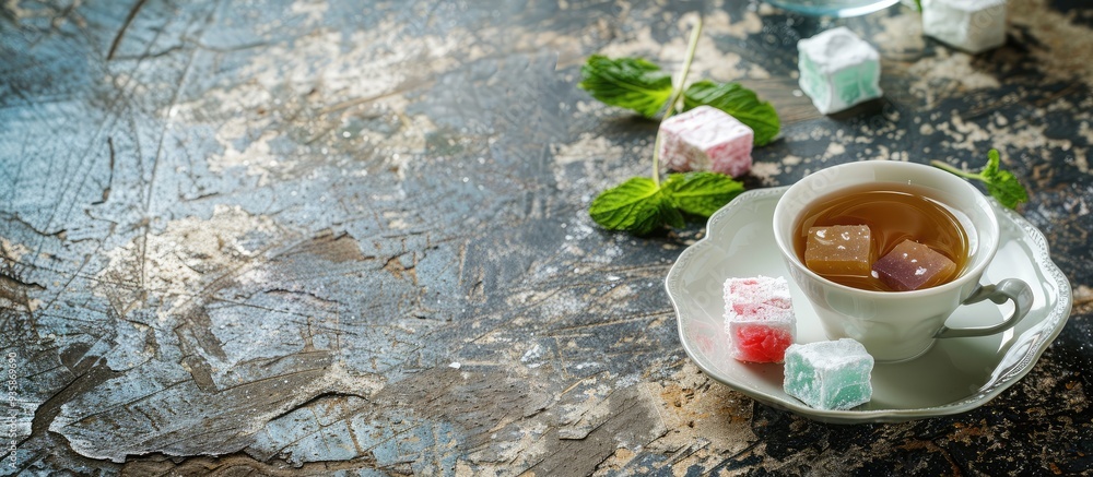 Traditional Turkish delight leblebi and mint tea on a rustic background with copyspace Traditional Turkish delight leblebi and mint tea on a rustic background with copyspace