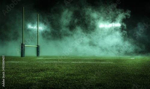 Field of epic sports competition illuminated at night in rugby stadium