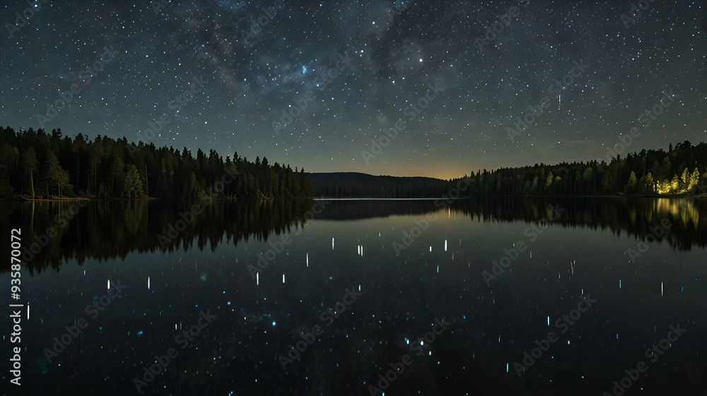 A clear night sky filled with twinkling stars above a calm, reflective lake. Background A clear night sky filled with twinkling stars above a calm, reflective lake. Background