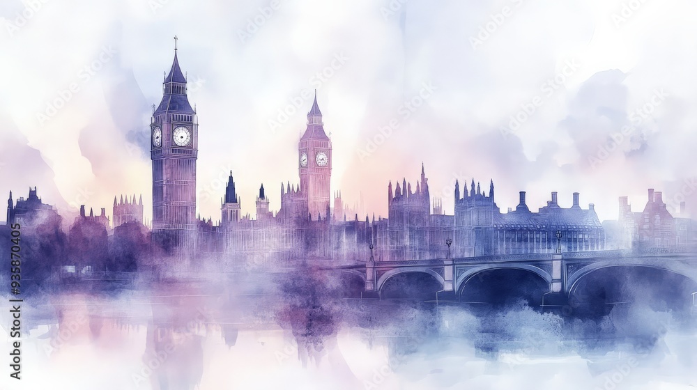 Watercolor painting of London's iconic skyline at sunset, featuring Big Ben and the Houses of Parliament with a bridge over the River Thames. Watercolor painting of London's iconic skyline at sunset, featuring Big Ben and the Houses of Parliament with a bridge over the River Thames.