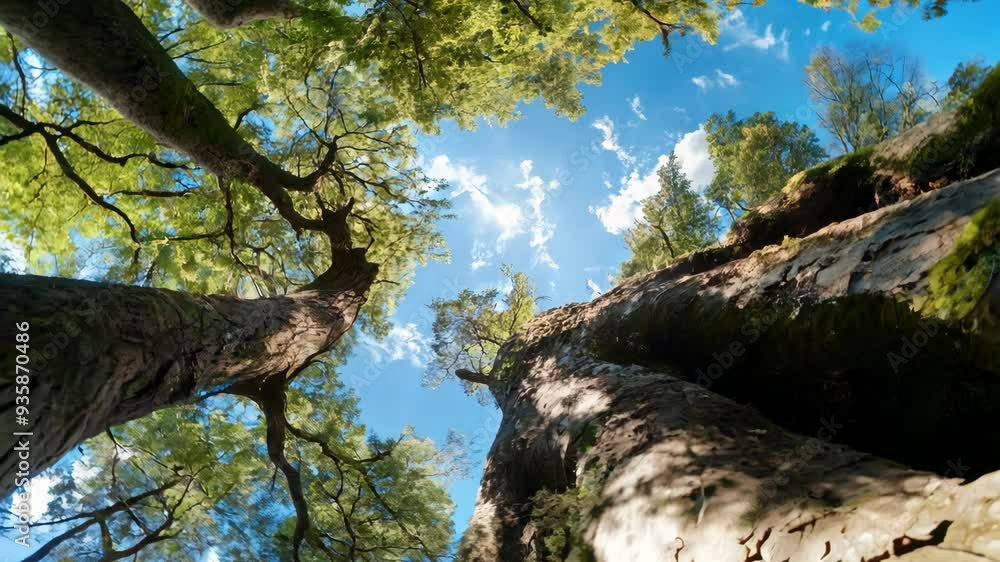 Watching the treetops sway under clear blue skies in a tranquil forest
