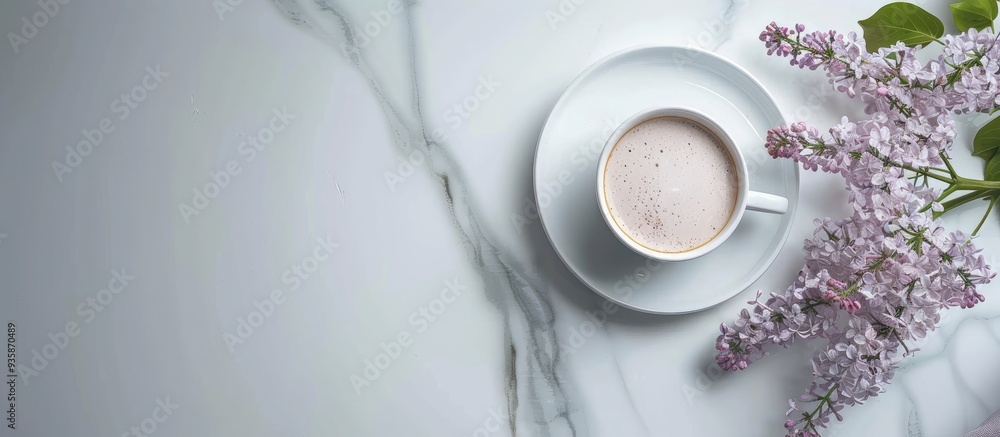 Minimalistic still life featuring coffee and lilac branches on a marble plate and white table embodying a morning female concept copyspace Minimalistic still life featuring coffee and lilac branches on a marble plate and white table embodying a morning female concept copyspace