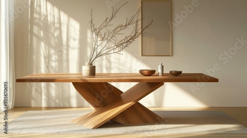 modern wooden table with clean lines and a smooth finish, showcasing its sleek design and minimalist aesthetic.