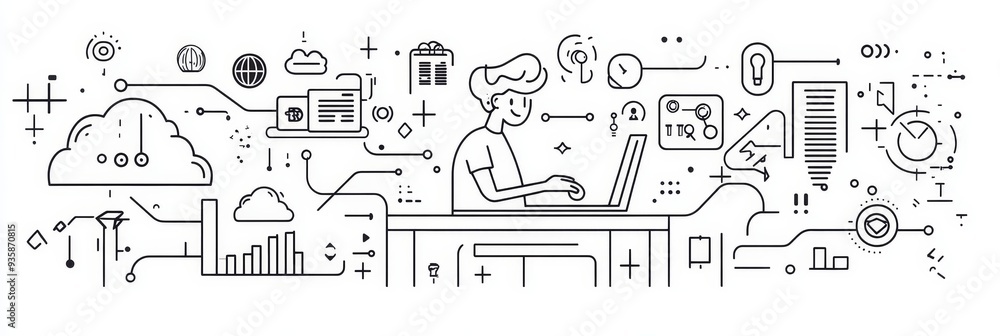 Obraz premium Digital Transformation: The Future of Business and Technology - A line art illustration depicting a person working on a laptop surrounded by symbols representing innovation, technology, business growt