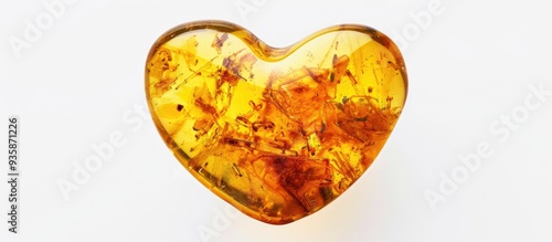 Transparent yellow amber shaped like a heart against a white background The original hue is yellow Sunstone Features natural patterns and inclusions A semi precious mineral material used by jewelers photo