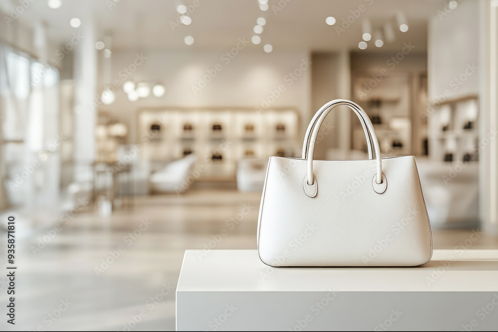 Fototapeta premium A sophisticated white handbag displayed prominently in a modern, high-end store, emphasizing elegance, style, and luxury fashion.