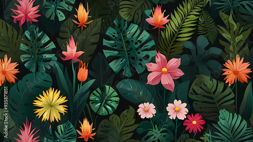 flat vector background featuring a lush botanical garden, filled with various tropical plants, large green leaves, and blooming flowers