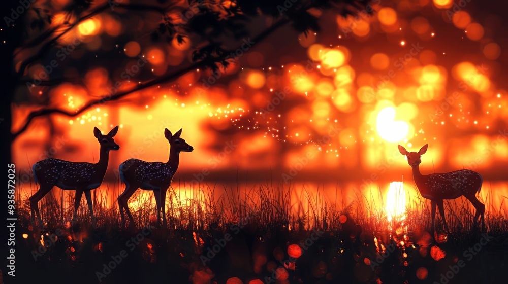 Three Deer Silhouettes Against a Sunset with Bokeh Three Deer Silhouettes Against a Sunset with Bokeh