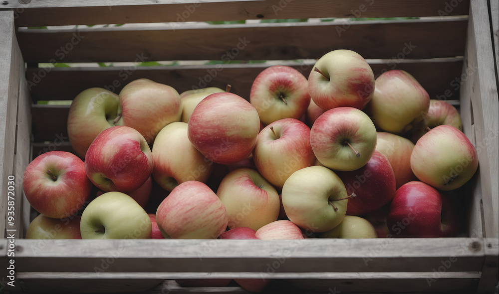 A crate full of red and yellow apples sits on a wooden surface A crate full of red and yellow apples sits on a wooden surface