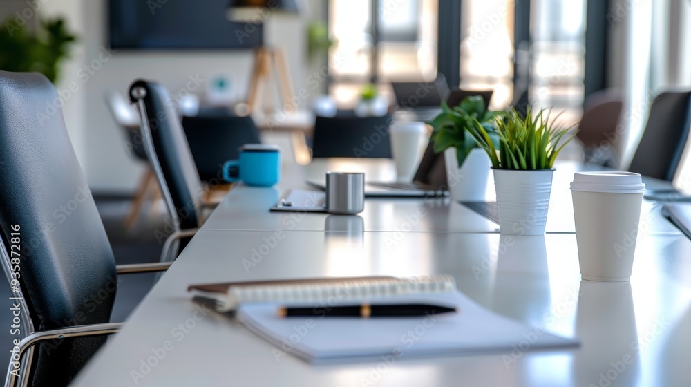 white table set up for a business meeting, with laptops, notepads, and coffee cups, emphasizing professionalism and collaboration. white table set up for a business meeting, with laptops, notepads, and coffee cups, emphasizing professionalism and collaboration.
