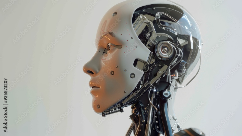 A sleek side profile of a humanoid robot showcasing advanced cybernetic features in a stark white setting, highlighting the blend of human and machine. A sleek side profile of a humanoid robot showcasing advanced cybernetic features in a stark white setting, highlighting the blend of human and machine.