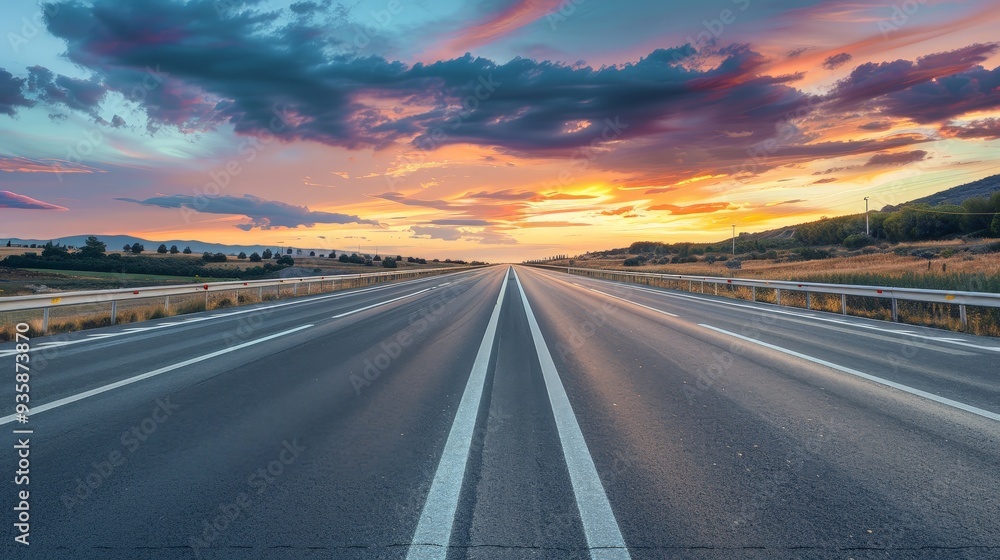 empty highway at dusk, with the sky painted in vibrant colors, emphasizing the peacefulness of the open road. empty highway at dusk, with the sky painted in vibrant colors, emphasizing the peacefulness of the open road.