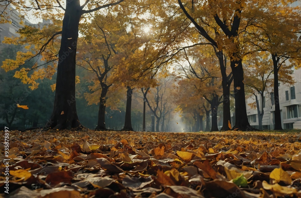 Autumn park with trees and orange fallen leaves Autumn park with trees and orange fallen leaves