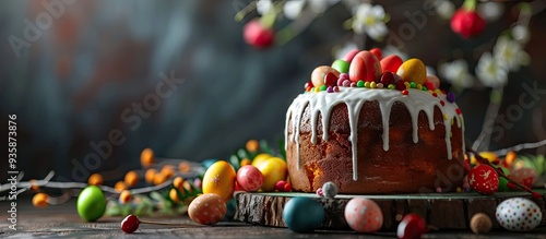 Orthodox religious holiday Traditional Easter goodies include a cake known as Kulich Paskha and vibrant eggs Selective focus Easter holiday backdrop with copyspace photo