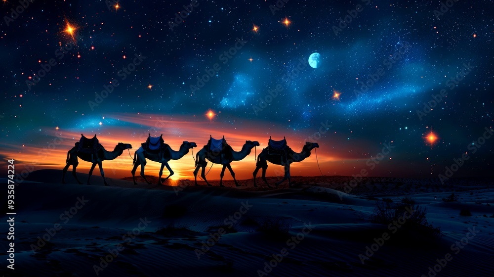 Fototapeta premium Silhouette of Four Camels Walking Through a Desert Under a Starry Night Sky