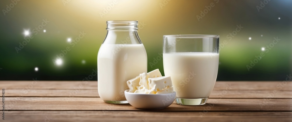 Milk, Cheese, and Glass on Wooden Tabletop Milk, Cheese, and Glass on Wooden Tabletop