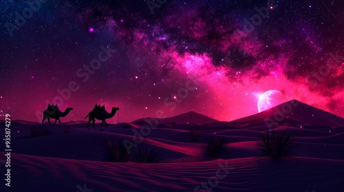 Two Camels Walking Through a Desert Under a Pink and Purple Night Sky