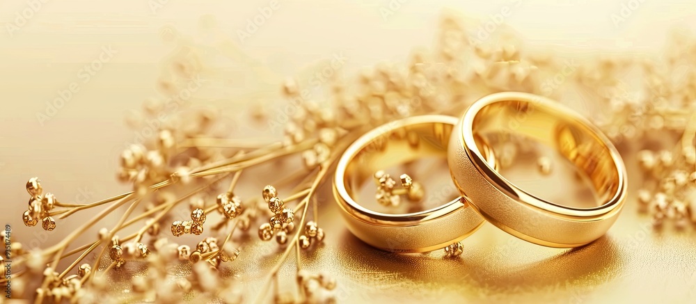 Two golden wedding rings set against a golden background Wedding invitation Valentine s gift sale shopping banner template copyspace Two golden wedding rings set against a golden background Wedding invitation Valentine s gift sale shopping banner template copyspace