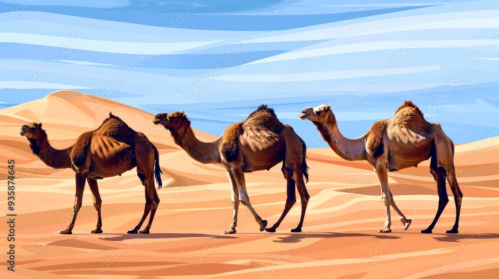 Three Camels Walking Across Desert Dunes Three Camels Walking Across Desert Dunes