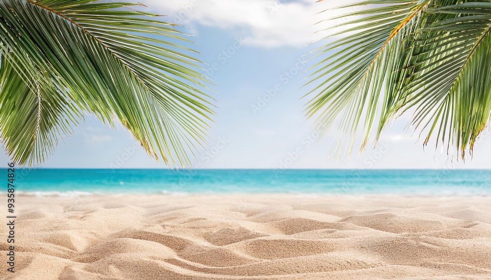 seascape with palm branches and clean sand in the foreground seascape with palm branches and clean sand in the foreground
