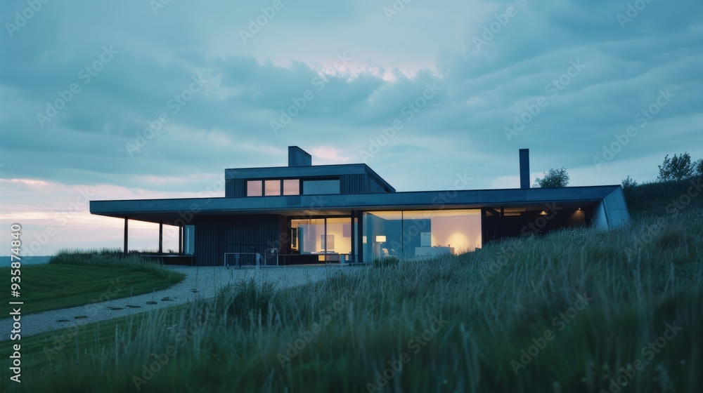 Contemporary house with large windows warmly illuminated in the evening, surrounded by rolling hills and a dramatic sky. Contemporary house with large windows warmly illuminated in the evening, surrounded by rolling hills and a dramatic sky.
