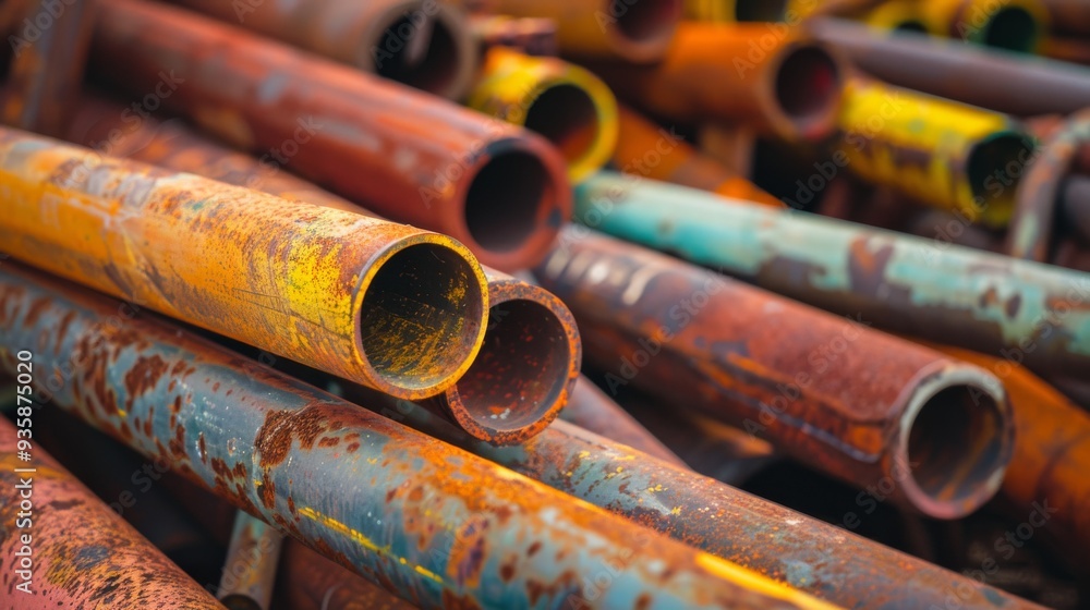 A pile of vibrant, rust-coated metal pipes showcases an industrial scene filled with textures, colors, and a sense of aged utility. A pile of vibrant, rust-coated metal pipes showcases an industrial scene filled with textures, colors, and a sense of aged utility.