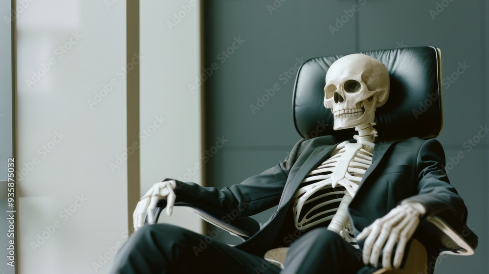 A skeleton dressed in business attire sits confidently in a black leather office chair, exuding an oddly humorous and eerie vibe. A skeleton dressed in business attire sits confidently in a black leather office chair, exuding an oddly humorous and eerie vibe.