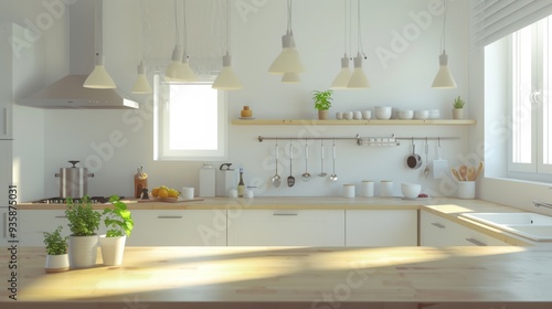 Sunlit modern kitchen with white cabinets and wooden surfaces, adorned with minimalistic decor and greenery, radiating a bright, airy appeal.