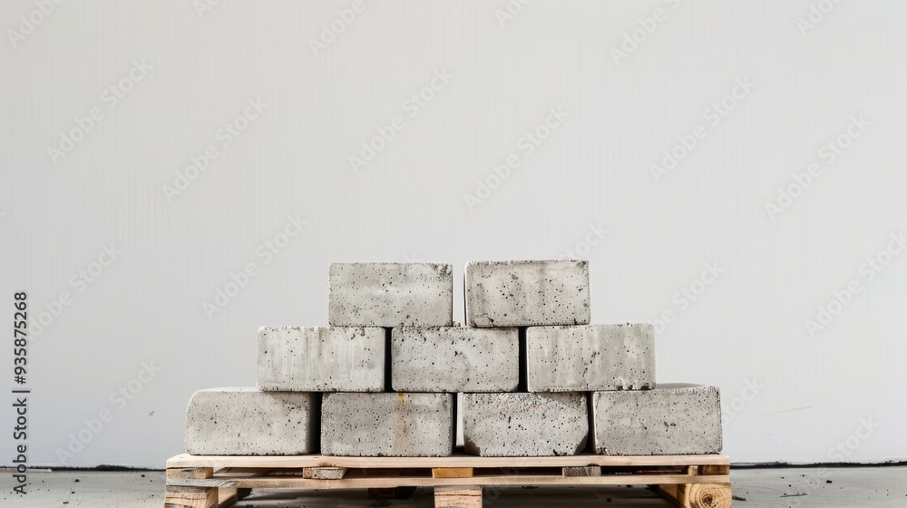 Neatly stacked concrete blocks on a wooden pallet, against a smooth beige wall, convey a sense of industrial order and minimalism. Neatly stacked concrete blocks on a wooden pallet, against a smooth beige wall, convey a sense of industrial order and minimalism.
