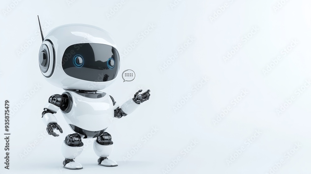 Friendly Robot with Speech Bubble, Ready to Communicate - A white robot with blue eyes and a speech bubble stands against a white background, symbolizing communication, technology, innovation, artific Friendly Robot with Speech Bubble, Ready to Communicate - A white robot with blue eyes and a speech bubble stands against a white background, symbolizing communication, technology, innovation, artific
