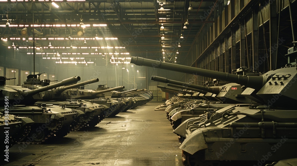 Rows of military tanks lined up in a shadowy, vast warehouse, emanating a sense of power, readiness, and heavy machinery. Rows of military tanks lined up in a shadowy, vast warehouse, emanating a sense of power, readiness, and heavy machinery.