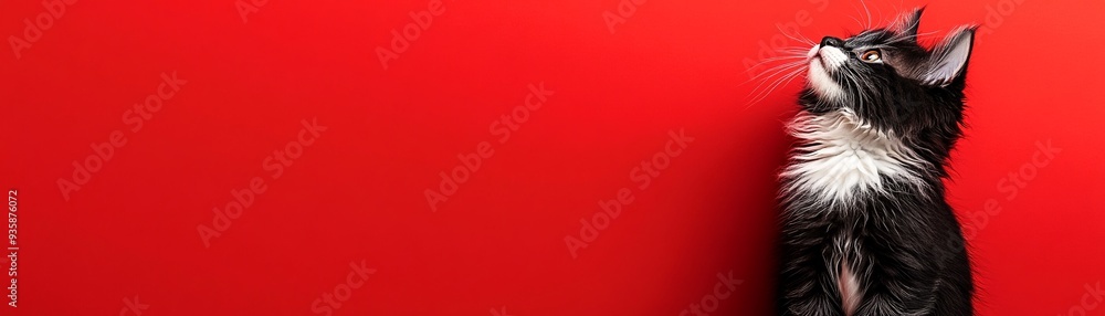Black and white kitten with a red background, 3D rendering, bold and striking Black and white kitten with a red background, 3D rendering, bold and striking