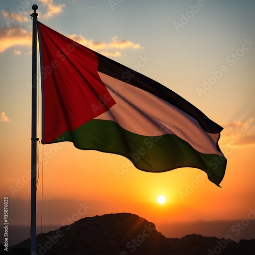 PALESTINE flag on sunrise background. Concept National holidays, Flag Day, Veterans Day, Memorial Day, Independence Day, Patriot Day.