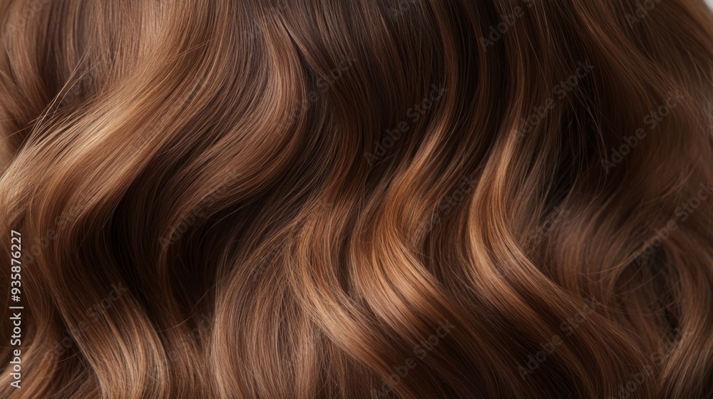Close-up view of glossy wavy hair featuring rich brown shades illuminated by natural light, highlighting texture and shine. Close-up view of glossy wavy hair featuring rich brown shades illuminated by natural light, highlighting texture and shine.