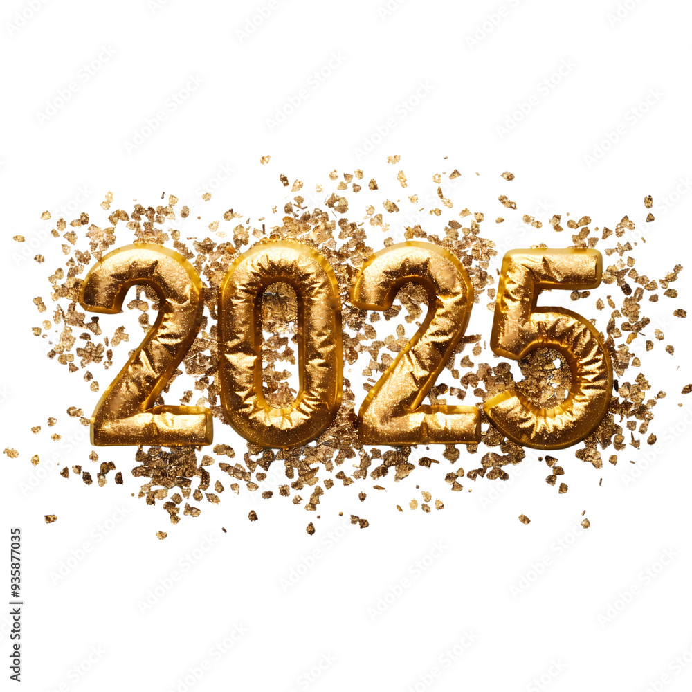 Wrinkly Gold glitter 2025 numbers, balloons foil 2025 isolated png. Wrinkly Gold glitter 2025 numbers, balloons foil 2025 isolated png.