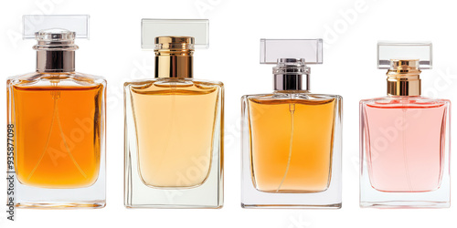 A collection of elegant perfume bottles isolated on a white background.