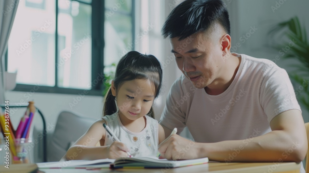 A father tenderly assists his young daughter with her homework, both engaged in a moment of learning and connection at home. A father tenderly assists his young daughter with her homework, both engaged in a moment of learning and connection at home.
