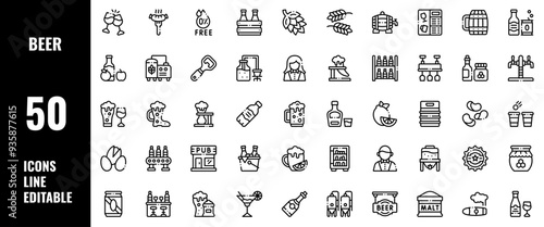 50 Beer Icons Set Line Editable Vector Illustration