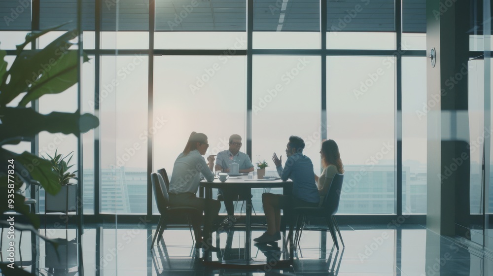 Four colleagues are engrossed in a discussion around a table in a spacious, sunlit conference room, reflecting clarity and teamwork in a professional setting. Four colleagues are engrossed in a discussion around a table in a spacious, sunlit conference room, reflecting clarity and teamwork in a professional setting.