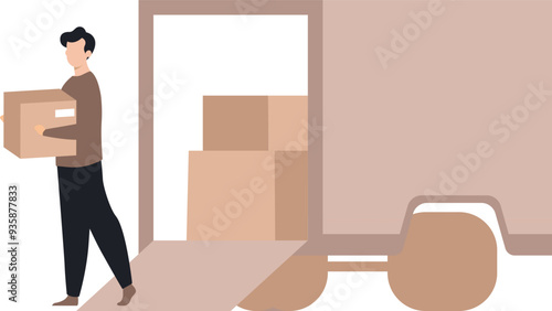 The boy is unloading cartons.