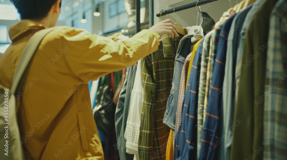 A person in a casual yellow jacket glances through clothing racks in a trendy store, evoking a sense of urban shopping and fashion. A person in a casual yellow jacket glances through clothing racks in a trendy store, evoking a sense of urban shopping and fashion.