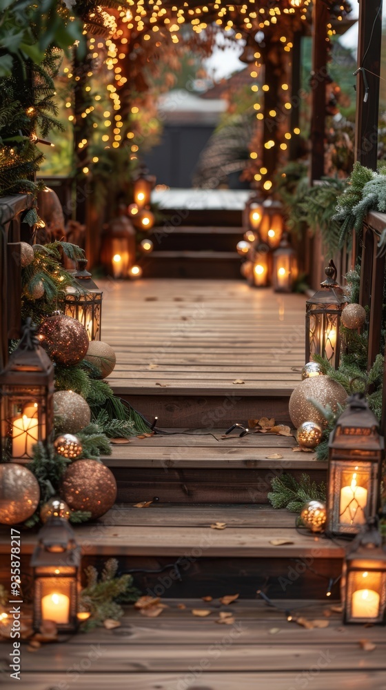 Fototapeta premium Wooden staircase adorned with Christmas lights and ornaments, creating a festive, warm atmosphere. Ideal for holiday home decor inspiration.